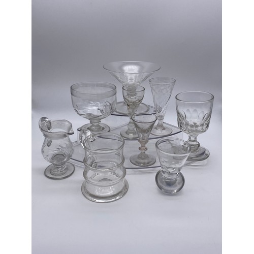 877 - SELECTION OF 18/19TH CENTURY DRINKING GLASSES, RUMMERS, ETCHED MASONIC FIRING GLASS, GIRDLED TANKARD... 