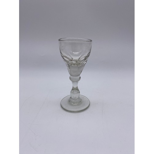 877 - SELECTION OF 18/19TH CENTURY DRINKING GLASSES, RUMMERS, ETCHED MASONIC FIRING GLASS, GIRDLED TANKARD... 