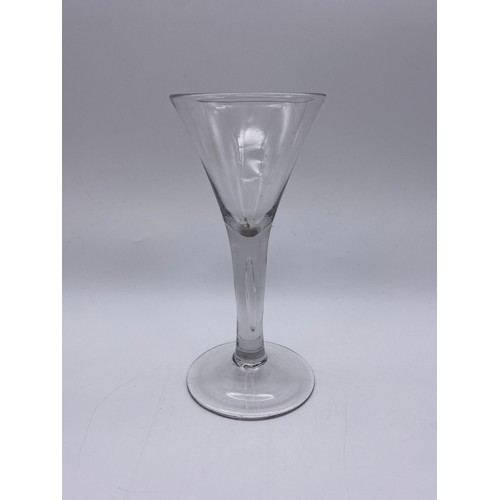 866 - THREE 18TH CENTURY PLAIN WINE GLASSES WITH TEAR DROP STEMS