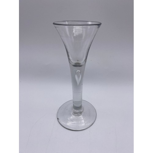 866 - THREE 18TH CENTURY PLAIN WINE GLASSES WITH TEAR DROP STEMS