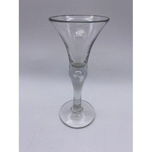 866 - THREE 18TH CENTURY PLAIN WINE GLASSES WITH TEAR DROP STEMS