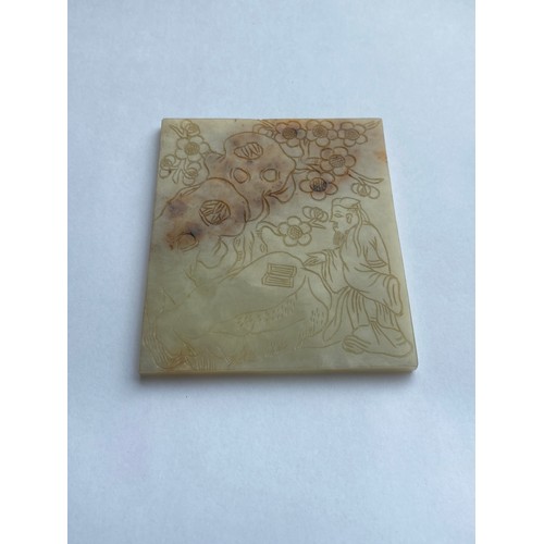 770 - CELADON JADE AND RUSSET TILE PANEL INCISED WITH A SCHOLAR AND FOLIAGE