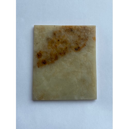 770 - CELADON JADE AND RUSSET TILE PANEL INCISED WITH A SCHOLAR AND FOLIAGE