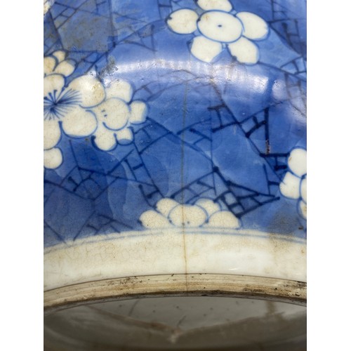 690 - CHINESE GLOBULAR BLUE AND WHITE PRUNUS VASE CONVERTED FOR ELECTRICITY