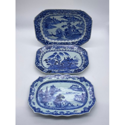 760 - THREE CHINESE EXPORT BLUE AND WHITE PAGODA PATTERN SHAPED OBLONG DISHES