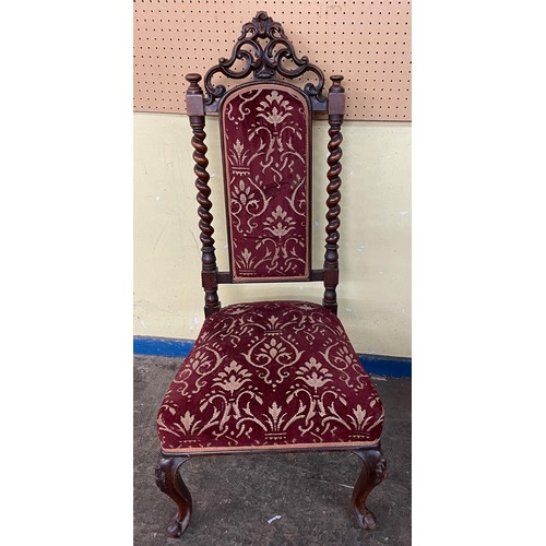 117 - VICTORIAN MAHOGANY BARLEY TWIST UPHOLSTERED NURSING CHAIR