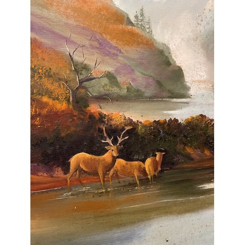 280 - OIL ON CANVAS OF STAGS AND DEER AT WATER IN HIGHLAND LANDSCAPE