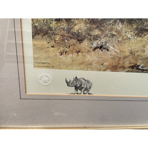 244 - DAVID SHEPHERD PRINT RHINO BEWARE 549/1300 SIGNED IN PENCIL WITH INVOICE FRAMED AND GLAZED