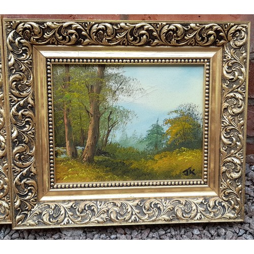 256 - SMALL OIL ON CANVAS A FOREST LANSDCAPE MONOGRAMMED JK - A PAIR