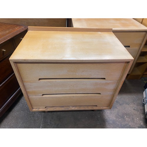 107 - 1950S LIGHT OAK THREE DRAWER CHEST AND DRESSING TABLE