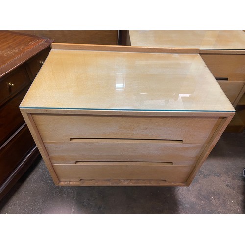 107 - 1950S LIGHT OAK THREE DRAWER CHEST AND DRESSING TABLE