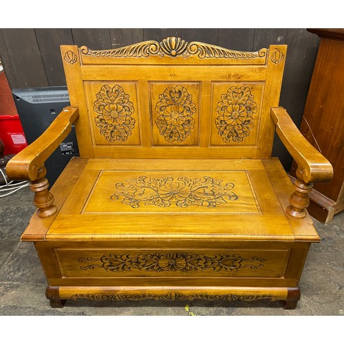 125 - CARVED PANEL BOX SETTLE MONKS BENCH