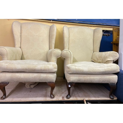 132 - PAIR OF PRIMROSE BROCADE WING BACK ARMCHAIRS