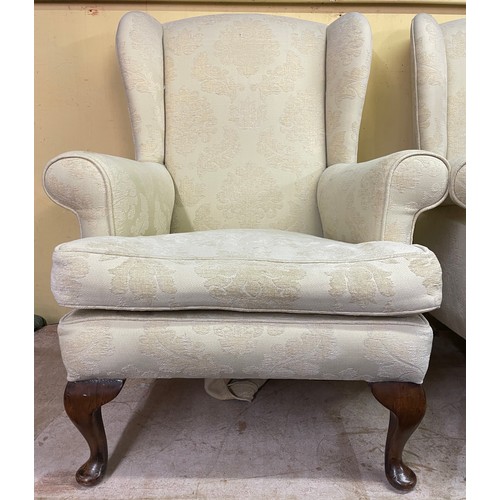 132 - PAIR OF PRIMROSE BROCADE WING BACK ARMCHAIRS