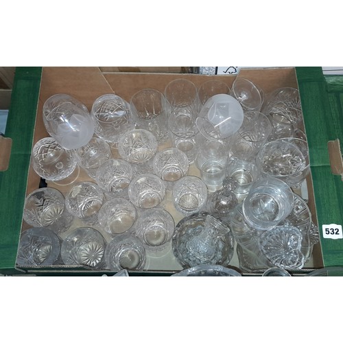 532 - TWO CARTONS OF CUT AND ETCHED TUMBLERS, BRANDY BALLOONS, AND DRINKING GLASSES