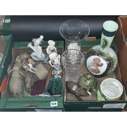 534 - TWO BOXED DECANTERS, SYLVAC AND SADLER VEGETABLE JARS, ELEPHANT FIFURE GROUPS, MAGNIFIERS