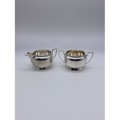 469 - BIRMIGHAM SILVER SUCRIER AND CREAM JUG WITH BEAD EDGE AND ANGLUAR HANDLE 8OZ APPROX