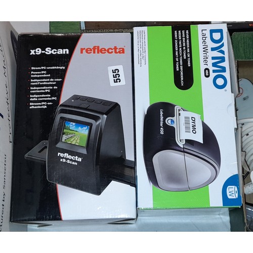 555 - DYMO LABEL WRITER, X9 SCAN REFLECTOR, HEAVY DUTY STAPLE GUN, GLUE GUN AND STICKS