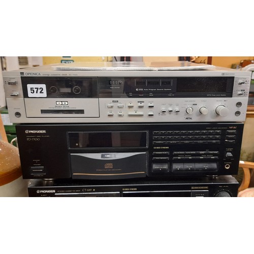 572 - PIONEER SEPERATES STEREO RECIEVER, CASSETTE DECK AND COMPACT DISC PLAYER