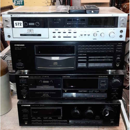 572 - PIONEER SEPERATES STEREO RECIEVER, CASSETTE DECK AND COMPACT DISC PLAYER