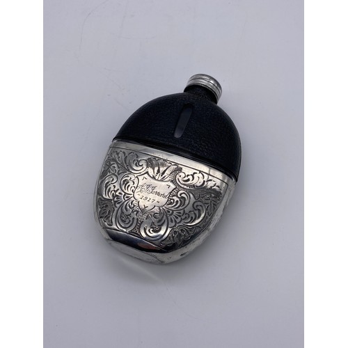 474 - EDWARDIAN ENGRAVED SILVER PLATED OVAL SPIRIT FLASK