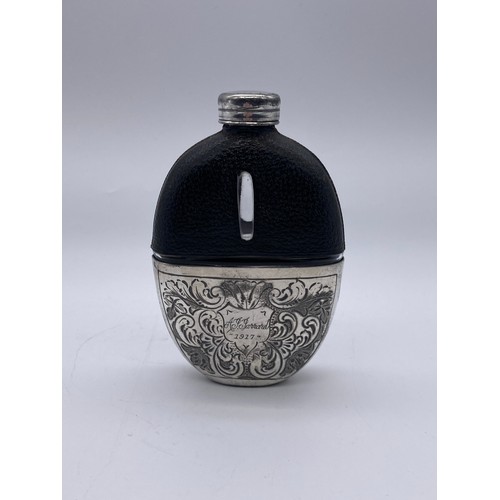 474 - EDWARDIAN ENGRAVED SILVER PLATED OVAL SPIRIT FLASK