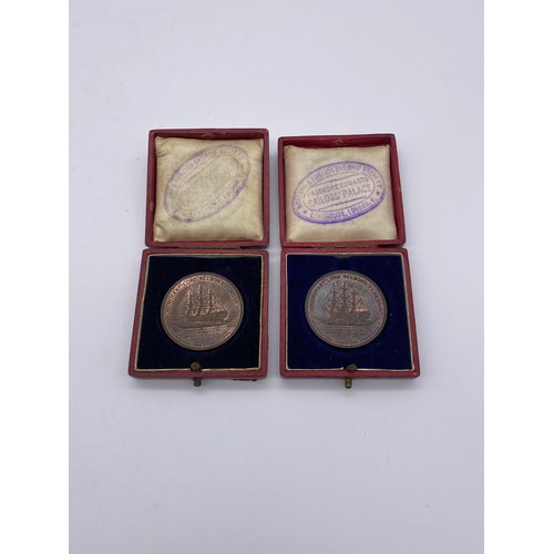 388 - TWO BOXED 1897 HORATIO NELSON HMS FOUDROYANT 'WRECK' COPPER MEDALLIONS