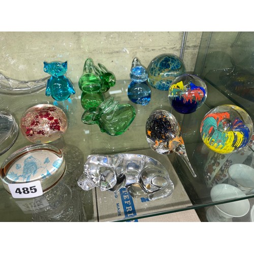 485 - GLASS CORNUCOPIA VASE, GLASS BELLS, ANIMAL AND BALL PAPER WEIGHTS