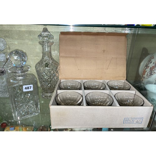 487 - BOXED SET OF WHITE FRIARS SMOKE GLASS SUNDAE BOWLS, WATERFORD CRYSTAL DECANTER AND STOPPER, AND ONE ... 