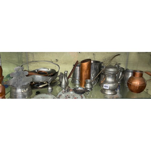 491 - SELECTION OF ANTIQUE & LATER PEWTER TANKARDS, BEATEN BASKET, WATER STOOP, AND BALUSTER LIDDED FLAGON