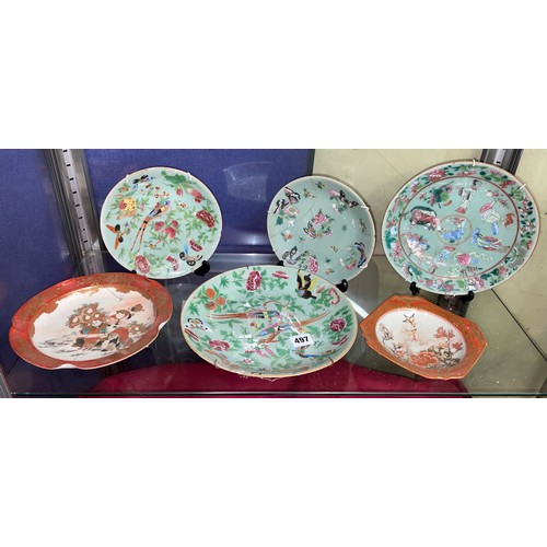 497 - CHINESE FAMILLE ROSE PLATES, KUTANI TRAY AND BOWL, SOME A/F