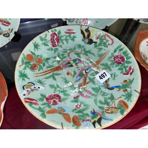 497 - CHINESE FAMILLE ROSE PLATES, KUTANI TRAY AND BOWL, SOME A/F