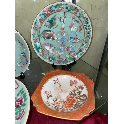 497 - CHINESE FAMILLE ROSE PLATES, KUTANI TRAY AND BOWL, SOME A/F