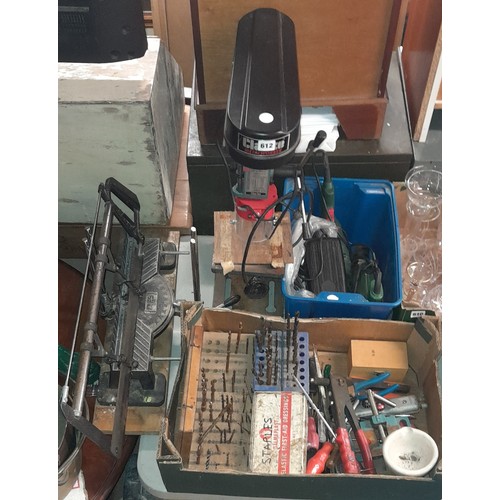 612 - CLARKE PEDESTAL DRILL, CARTON OF DRILL BITS AND TOOLS, MITRE SAW, AND ELECTRIC DRILL