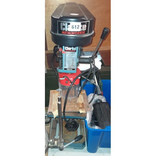 612 - CLARKE PEDESTAL DRILL, CARTON OF DRILL BITS AND TOOLS, MITRE SAW, AND ELECTRIC DRILL