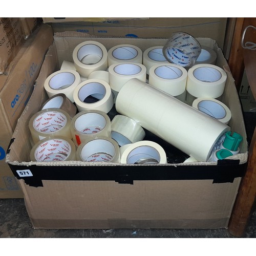 571 - LARGE BOX OF ROLLS OF TAPES AND CLEAR SELLOPHANE WRAP