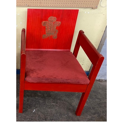 229 - RED STAINED BEECH LAMINATE PRINCE CHARLES INVESTITURE ARMCHAIR WITH PRINCE OF WALES FEATHER MOTIF