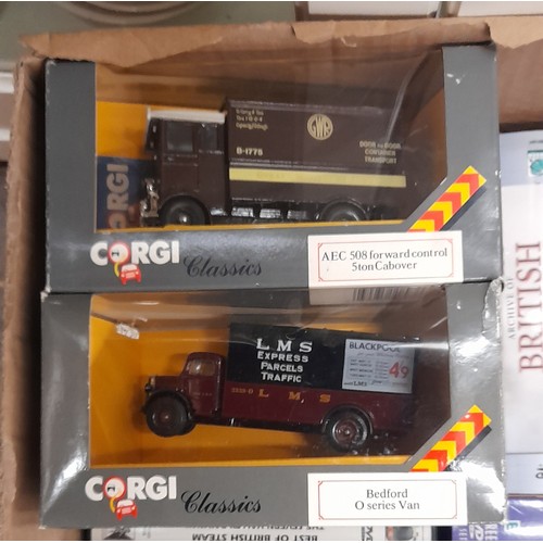 361 - BOX OF RAIL AND STEAM LOCO RELATED DVDS AND BOX SETS, AND TWO CORGI ADVERTISING VANS