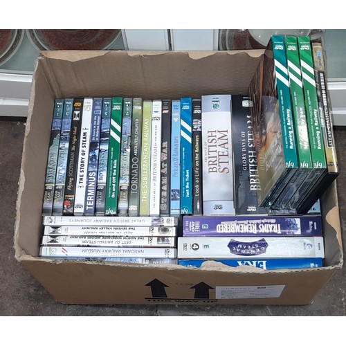 361 - BOX OF RAIL AND STEAM LOCO RELATED DVDS AND BOX SETS, AND TWO CORGI ADVERTISING VANS