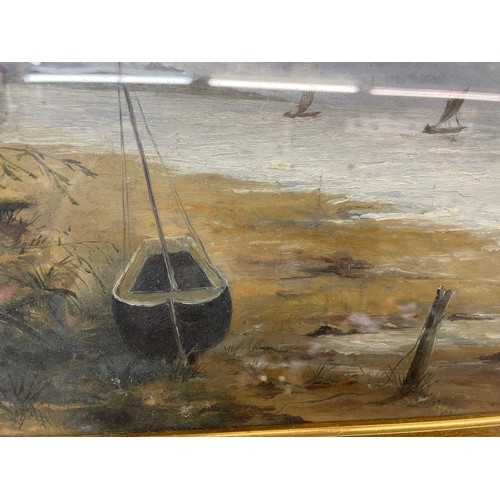 275 - 19TH CENTURY ENGLISH SCHOOL OILS ON BOARD BOATS IN A RIVER ESTUARY FRAMED AND GLAZED