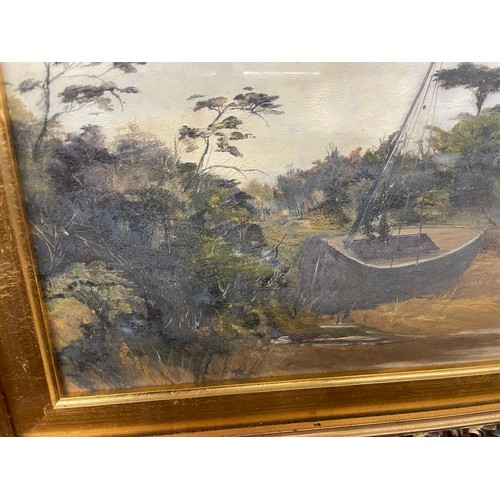 275 - 19TH CENTURY ENGLISH SCHOOL OILS ON BOARD BOATS IN A RIVER ESTUARY FRAMED AND GLAZED