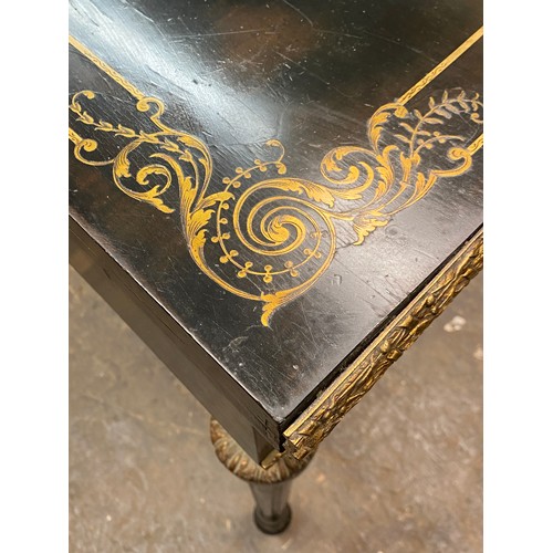 174 - NAPOLEAN III EBONISED CUT BRASS INLAID FOLD OVER CARD TABLE WITH GILT METAL MOUNTS, 86CM W X 75CM H ... 