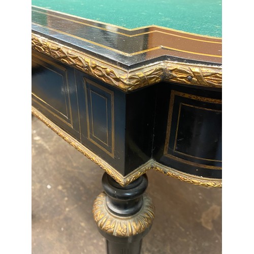 174 - NAPOLEAN III EBONISED CUT BRASS INLAID FOLD OVER CARD TABLE WITH GILT METAL MOUNTS, 86CM W X 75CM H ... 