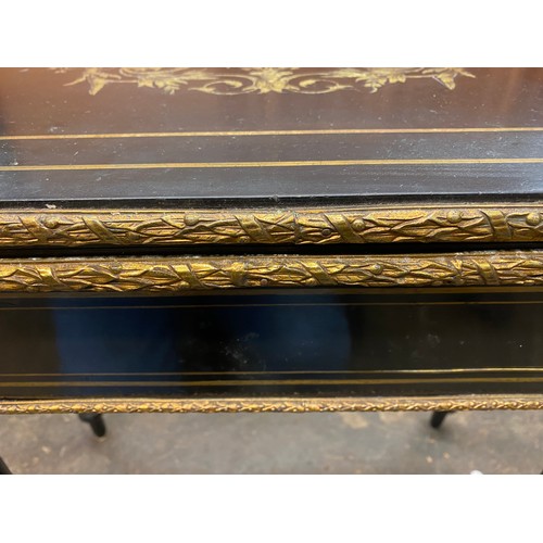 174 - NAPOLEAN III EBONISED CUT BRASS INLAID FOLD OVER CARD TABLE WITH GILT METAL MOUNTS, 86CM W X 75CM H ... 