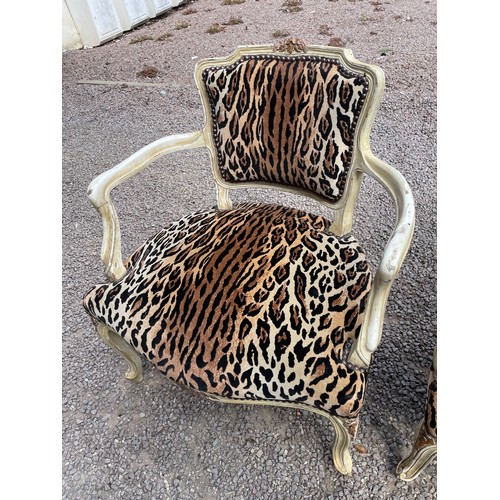 89 - PAIR OF PAINTED AND PARCEL GILT FRAMED FRENCH LOUIS XV STYLE ARMCHAIRS WITH LEOPARD PRINT UPHOLSTERY