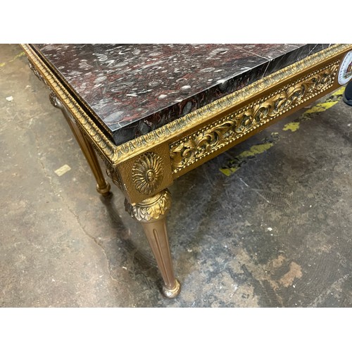 113 - SIMULATED MARBLE TOPPED AND GILT COFFEE TABLE WITH APPLIED PLAQUES