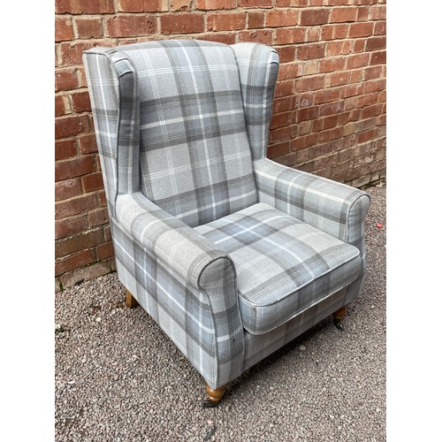 155 - CONTEMPORARY CHEQUERED FABRIC WING ARMCHAIR