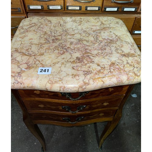 241 - FRENCH MARBLE TOPPED KING WOOD BEDSIDE CHEST OF THREE DRAWERS