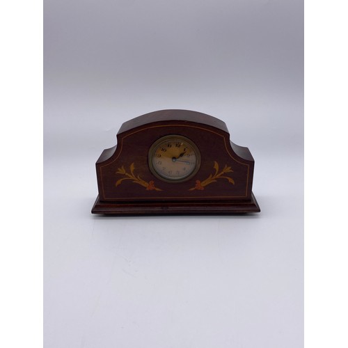 503 - MAHOGANY AND MARQUETRY CASED MANTLE TIME PIECE