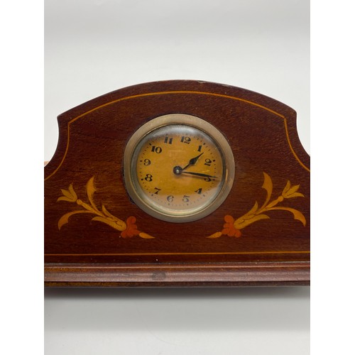 503 - MAHOGANY AND MARQUETRY CASED MANTLE TIME PIECE